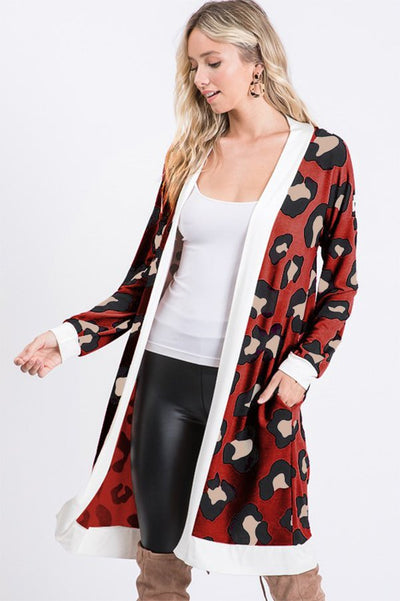 Burgundy Long Sleeve Animal Print Cardigan