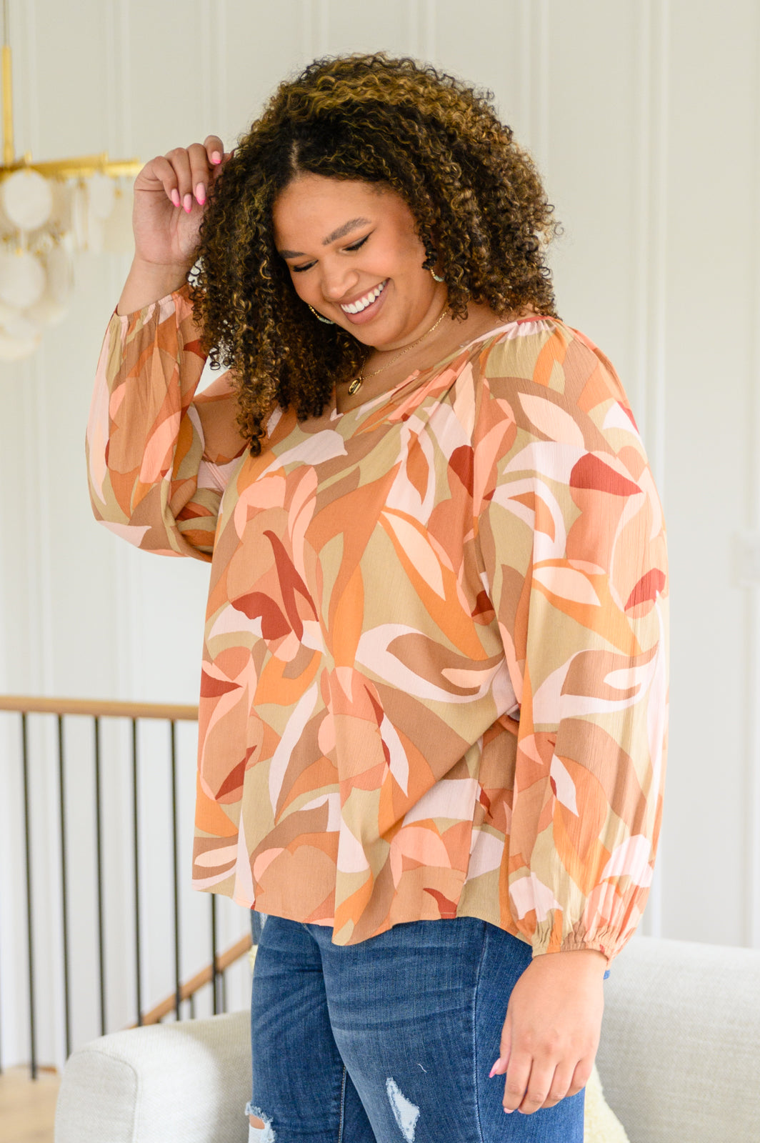 Split Neckline Long Sleeve Blouse In Clay - Andree by Unit