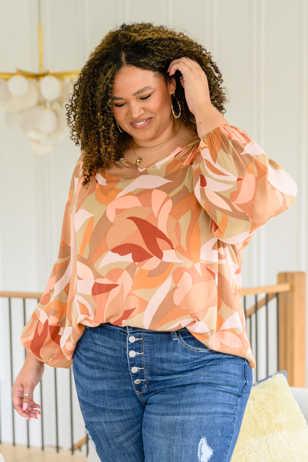 Split Neckline Long Sleeve Blouse In Clay - Andree by Unit