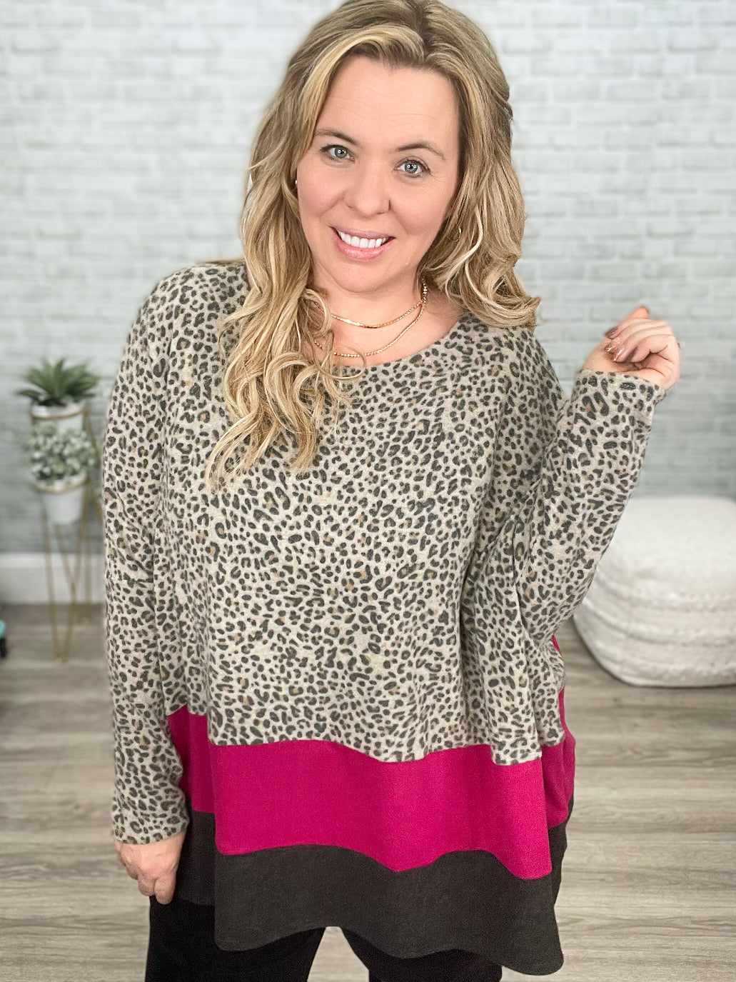 Animal Print, Fuchsia, and Charcoal Brushed Soft Tunic Top