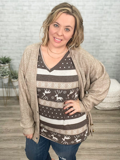 Tan and Ivory Reindeer Winter Print V-Neck Top