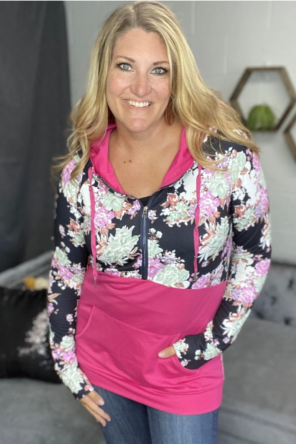 Magenta and Floral Half Zip Hoodie Sweatshirt with Thumbholes by Vivette