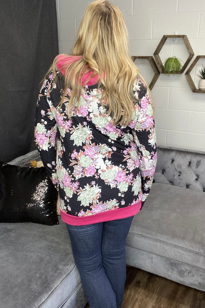 Magenta and Floral Half Zip Hoodie Sweatshirt with Thumbholes by Vivette