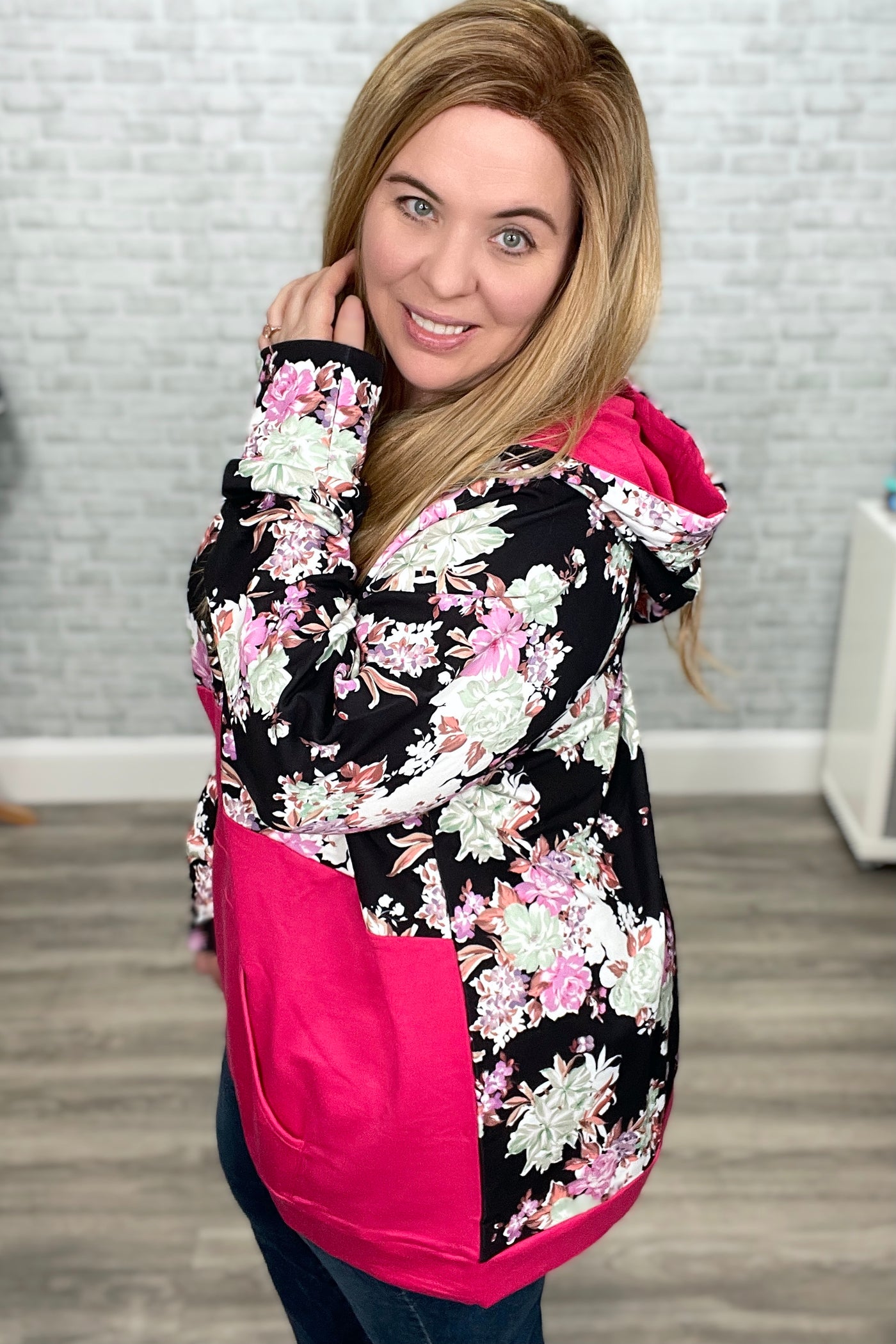 Magenta and Floral Half Zip Hoodie Sweatshirt with Thumbholes by Vivette