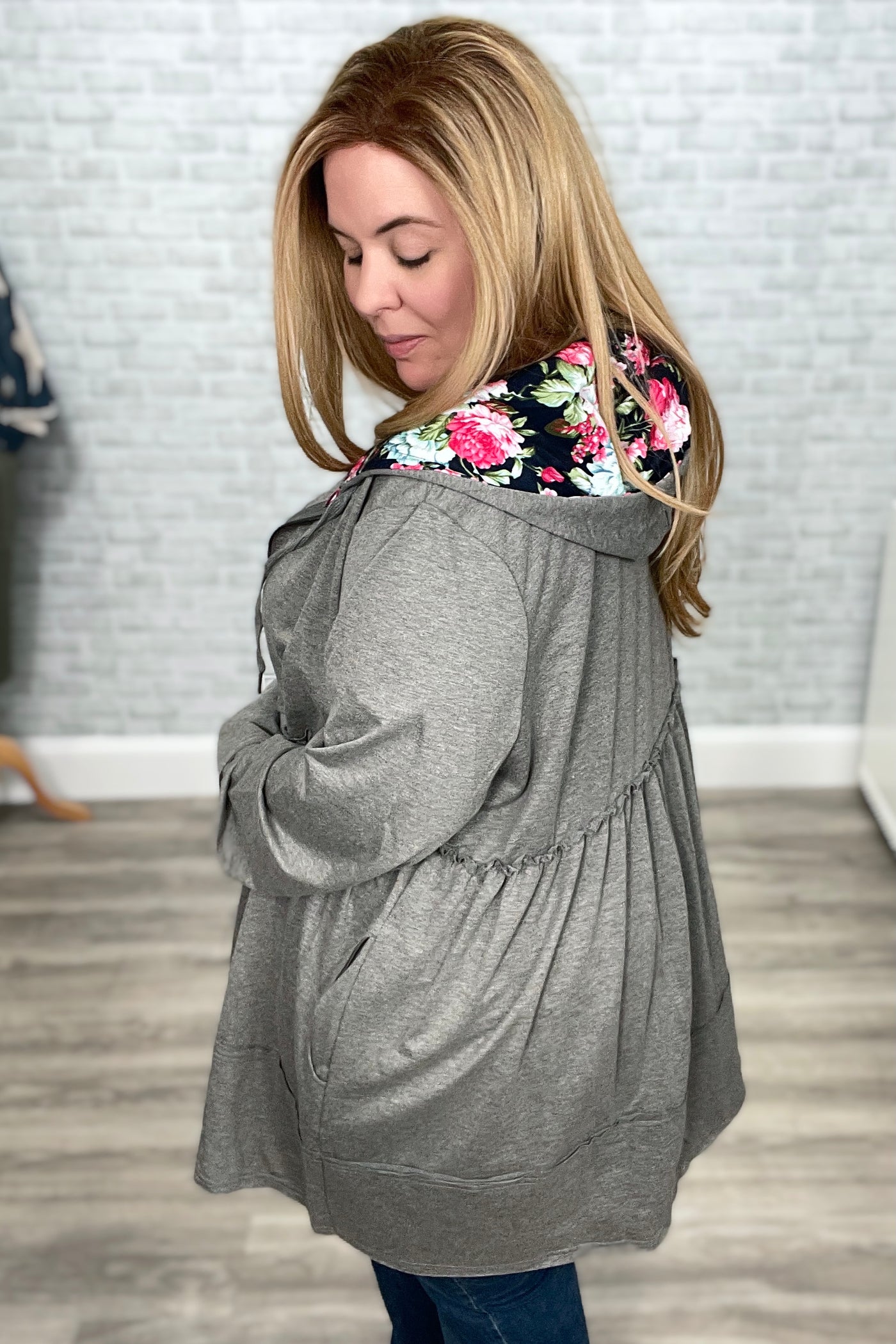 Tiered Heather Gray and Floral Jacket Hoodie by Vivette