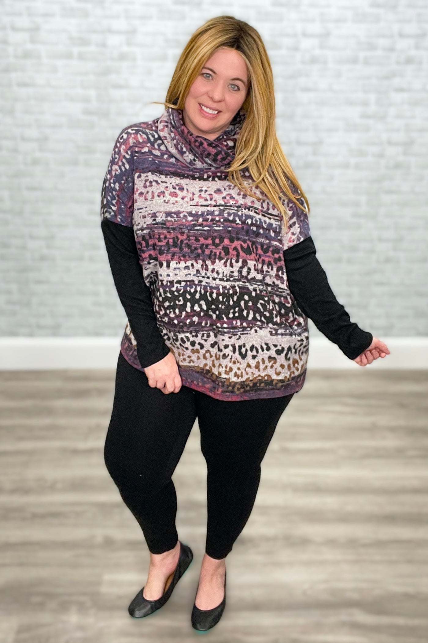 Black & Purple Animal Print Brushed Soft Cowl Neck Tunic Top