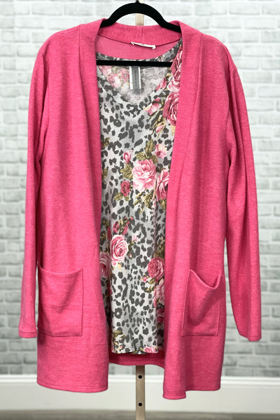 Gray and Pink Rose Floral 3/4 Sleeve V-Neck Top