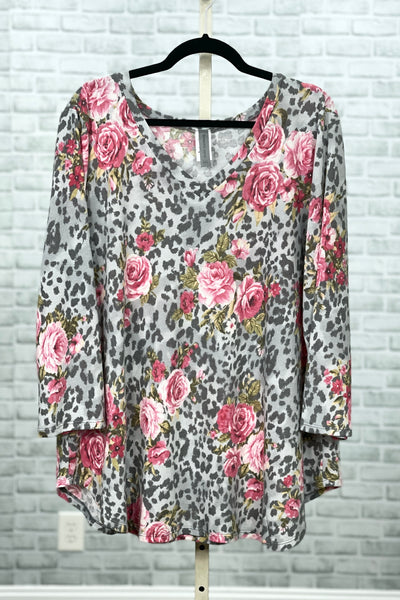 Gray and Pink Rose Floral 3/4 Sleeve V-Neck Top