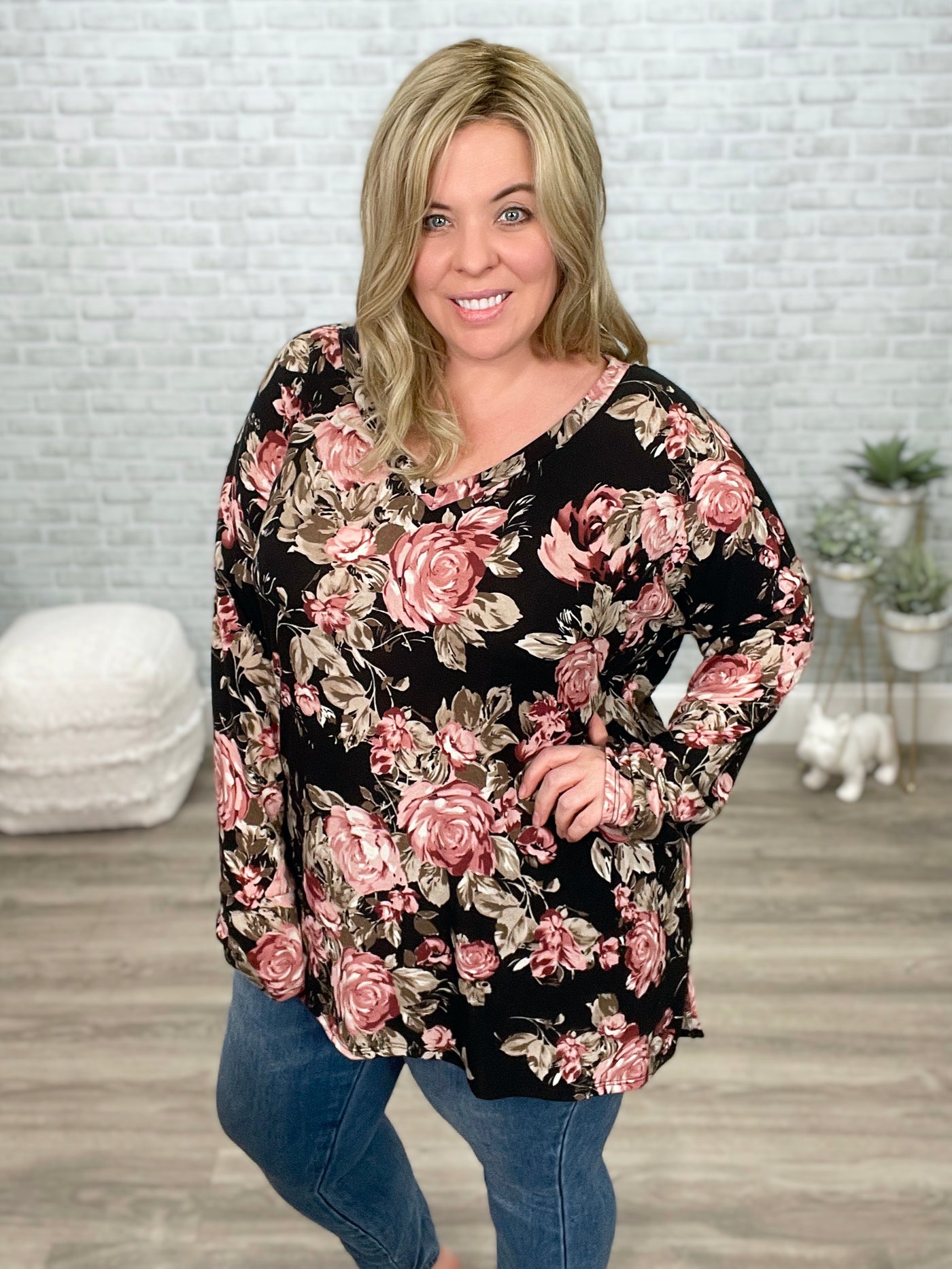 "Must Love Mauve" Black Floral V-Neck Top