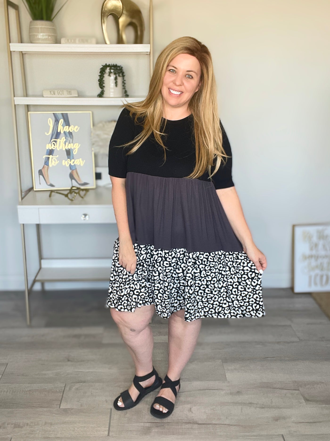 Tiered Animal Print and Color Block Dress