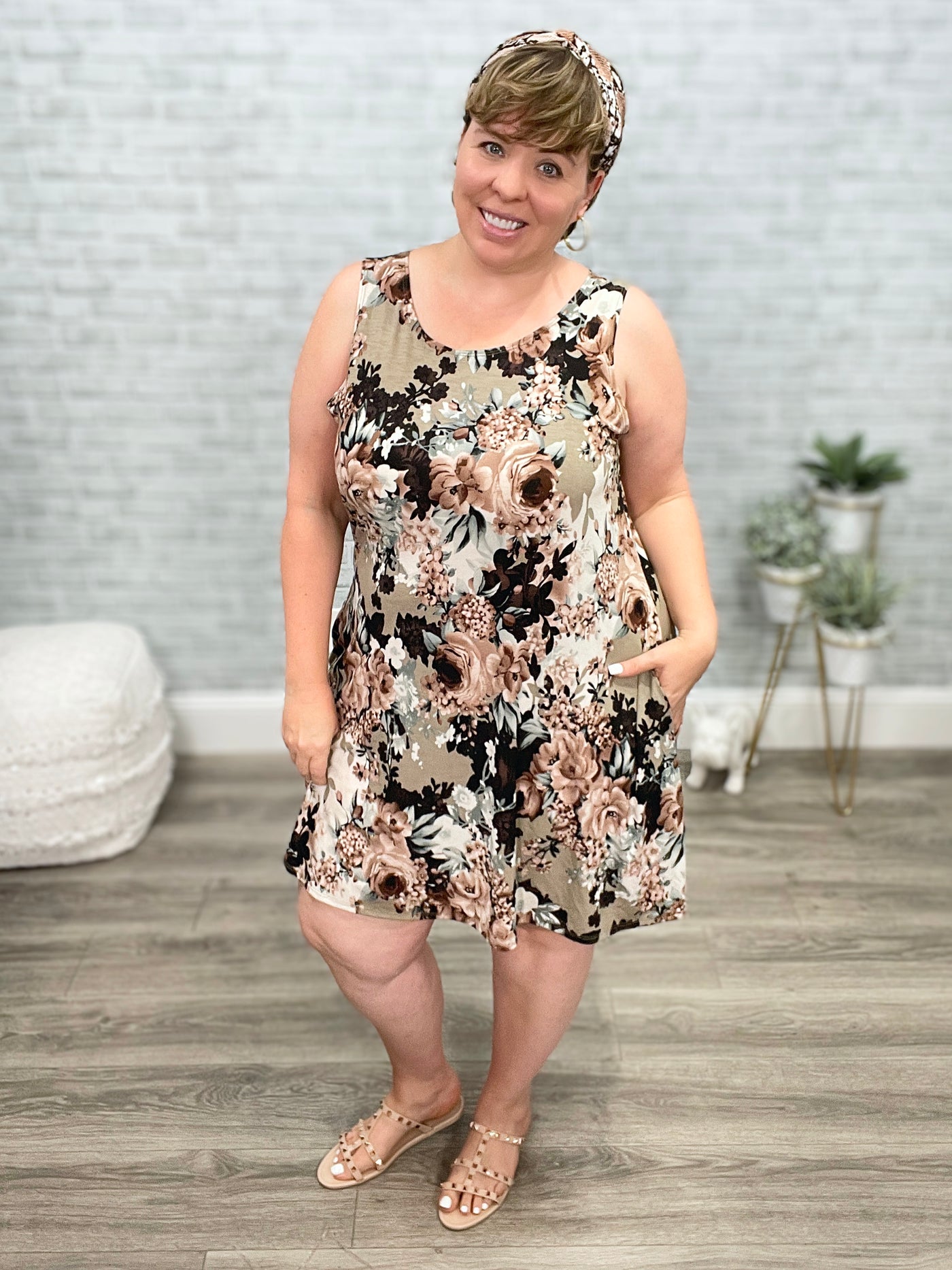 Brown Floral Swing Dress with Pockets
