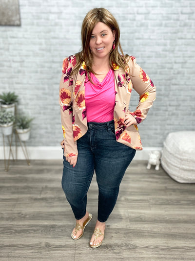 Stretchy Figure Flattering Blazer - Tan Floral