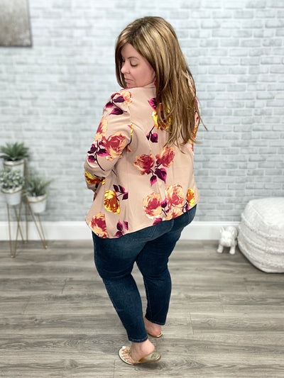 Stretchy Figure Flattering Blazer - Tan Floral