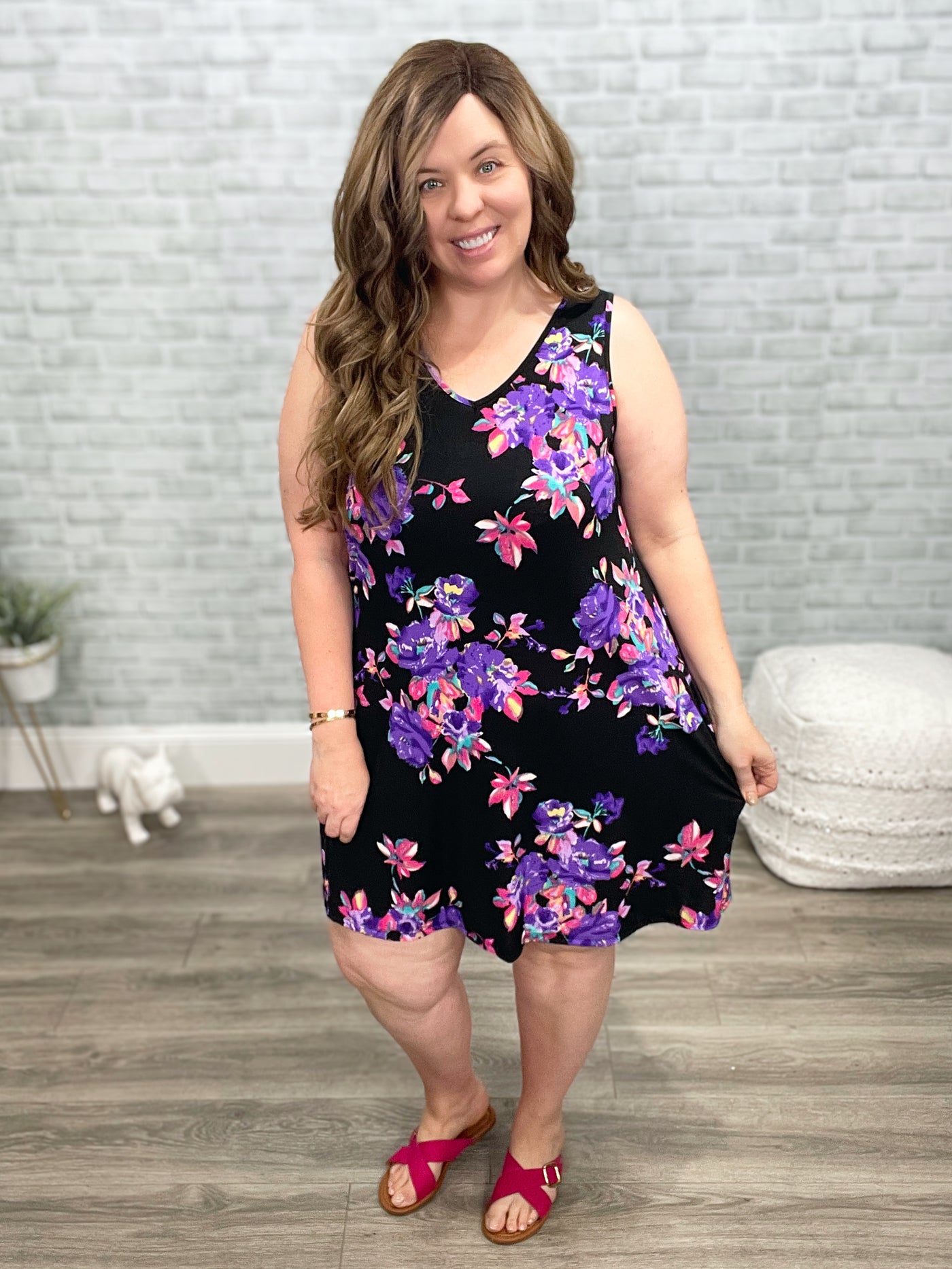 Black with Purple Floral Swing Dress with Pockets