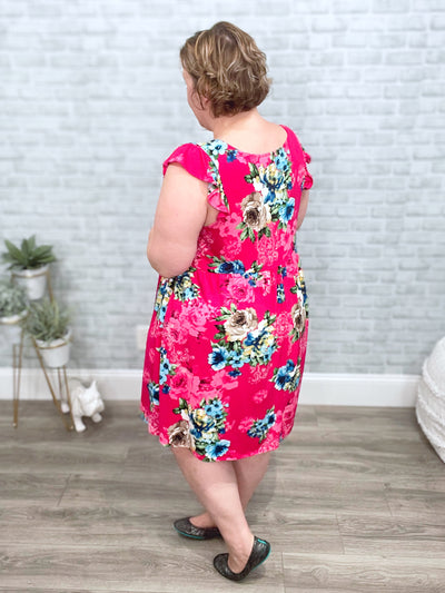 Fuchsia Floral V-Neck Swing Dress with Flutter Sleeves