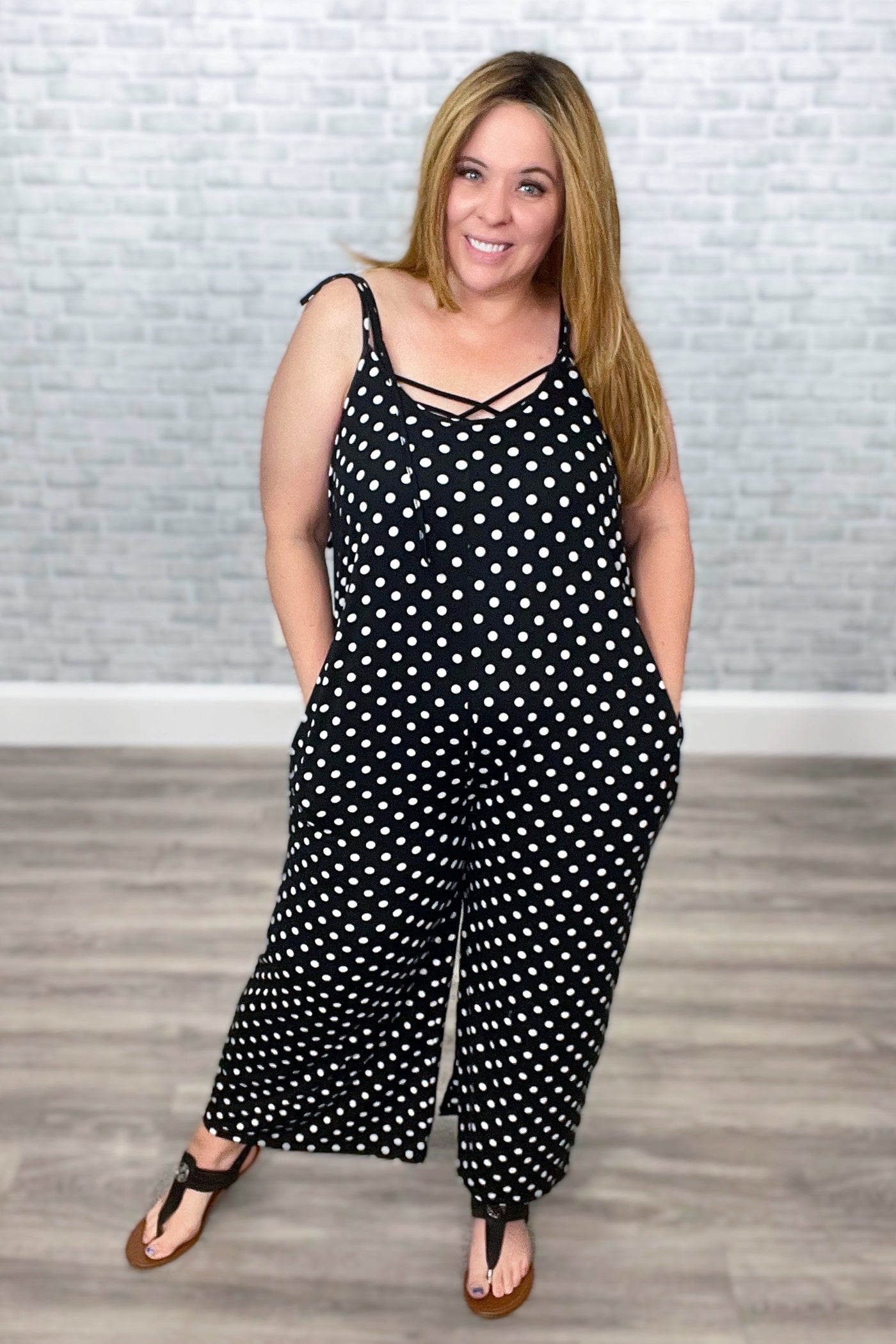 Tie Shoulder Wide Leg Cropped Polka Dot Jumpsuit