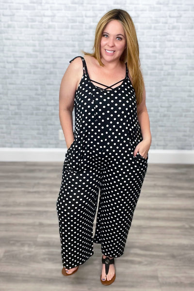 Tie Shoulder Wide Leg Cropped Polka Dot Jumpsuit