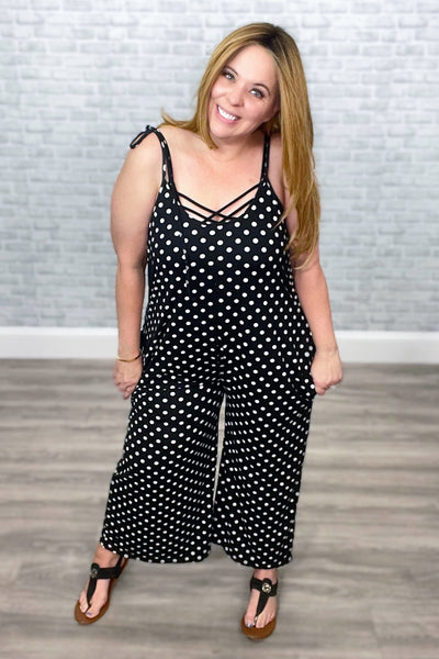 Tie Shoulder Wide Leg Cropped Polka Dot Jumpsuit