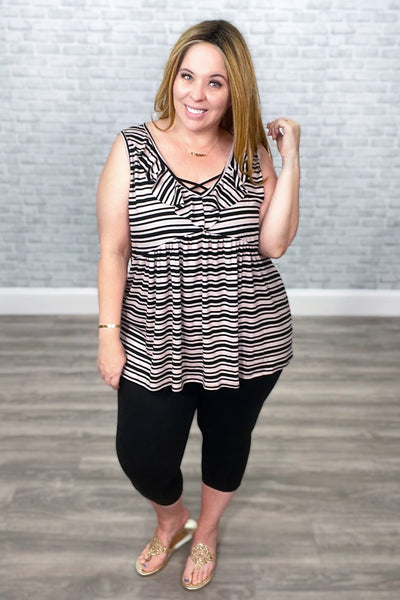 Taupe & Black Striped V-Neck Ruffle Babydoll Tank