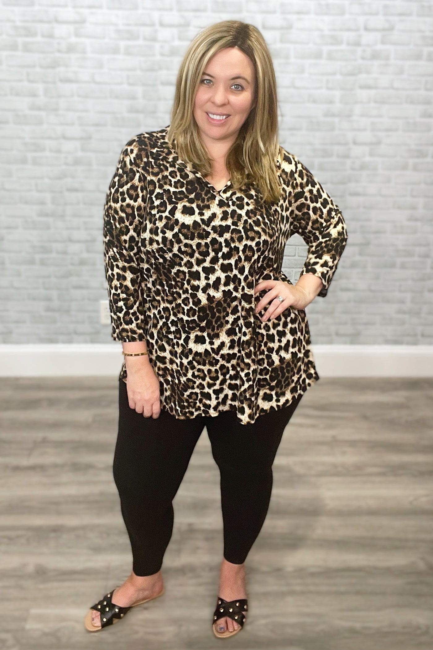 Animal Print Split Neck Collar, Hi-Lo Tunic Top