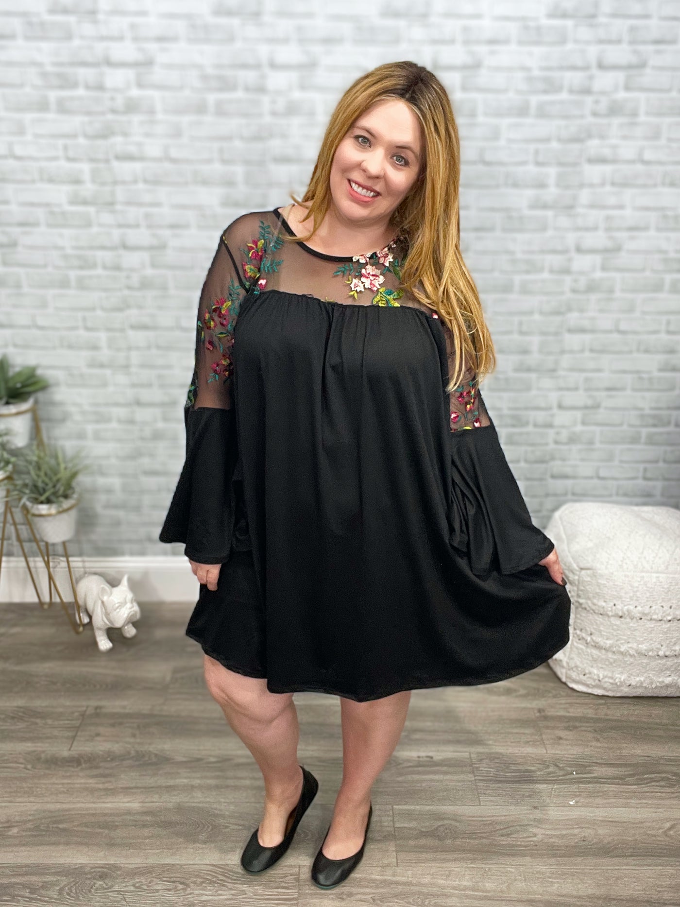 Embroidered Black Swing Dress with Bell Sleeves