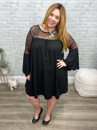 Embroidered Black Swing Dress with Bell Sleeves