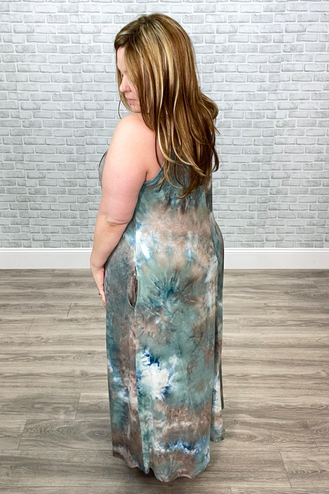 Teal & Brown Tie Dye Maxi Dress with Pockets & Adjustable Straps