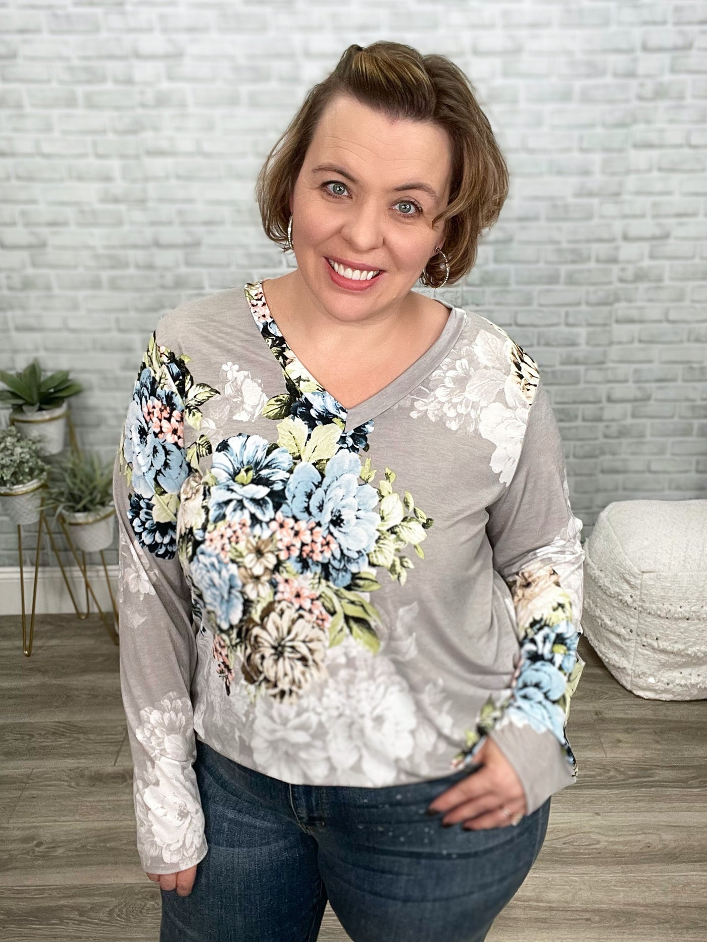 Gray Floral Long Sleeve V-Neck Top