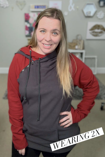 Michelle Mae Double Hoodie - Burgundy & Charcoal Gray