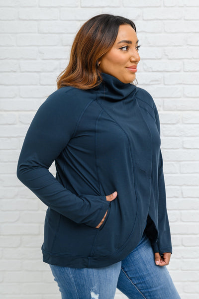 Janie Asymmetric Cowl Neck Jacket In Navy