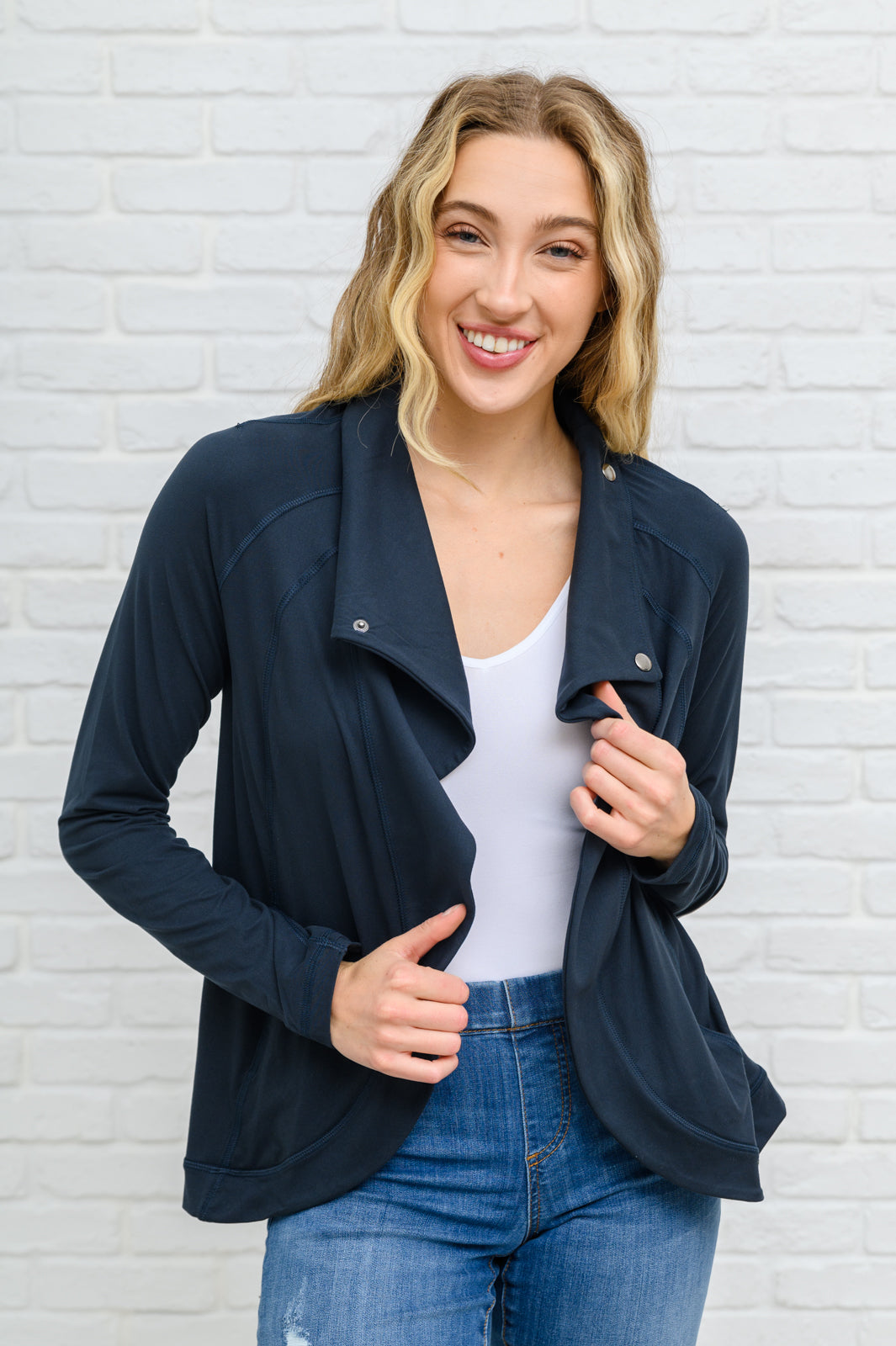 Janie Asymmetric Cowl Neck Jacket In Navy