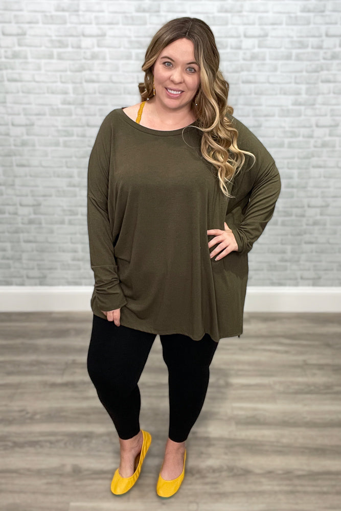 Olive Green Dolman Sleeve Round Neck Hi-Low Hem Top