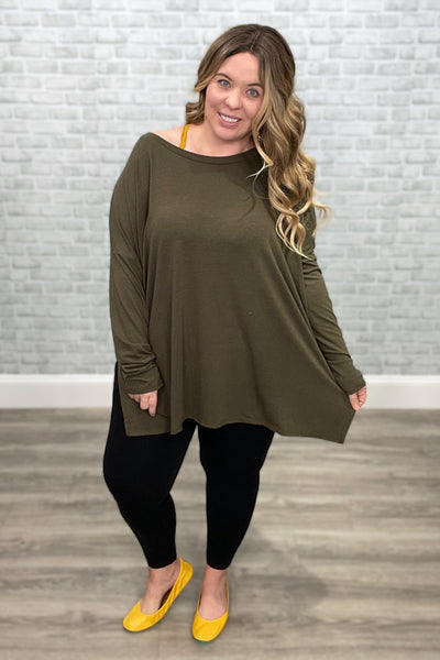 Olive Green Dolman Sleeve Round Neck Hi-Low Hem Top