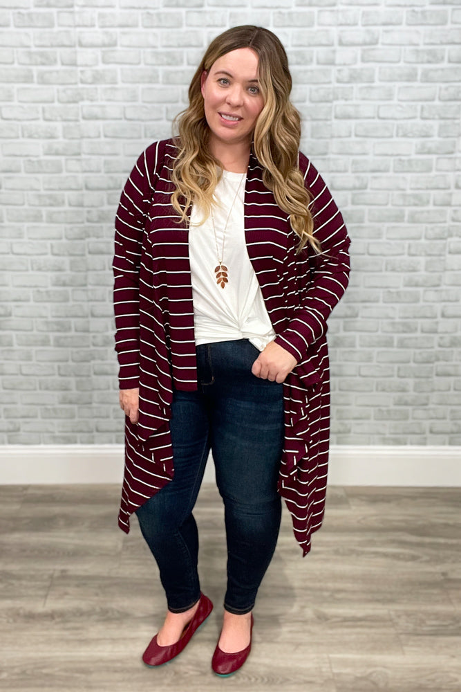 Maroon & White Stripe Ribbed Cascade Cardigan {Hawthorne}