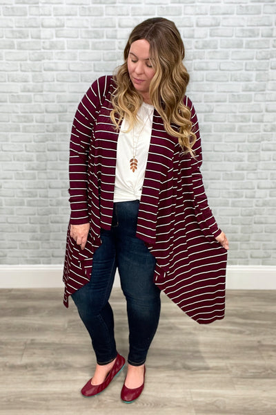 Maroon & White Stripe Ribbed Cascade Cardigan {Hawthorne}