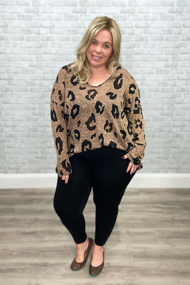 Mocha and Black Animal Print V-Neck Knit Boxy Top