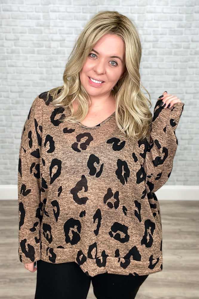 Mocha and Black Animal Print V-Neck Knit Boxy Top