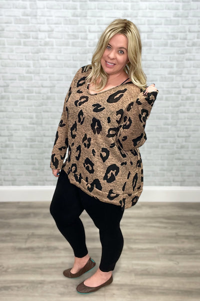 Mocha and Black Animal Print V-Neck Knit Boxy Top