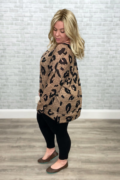 Mocha and Black Animal Print V-Neck Knit Boxy Top