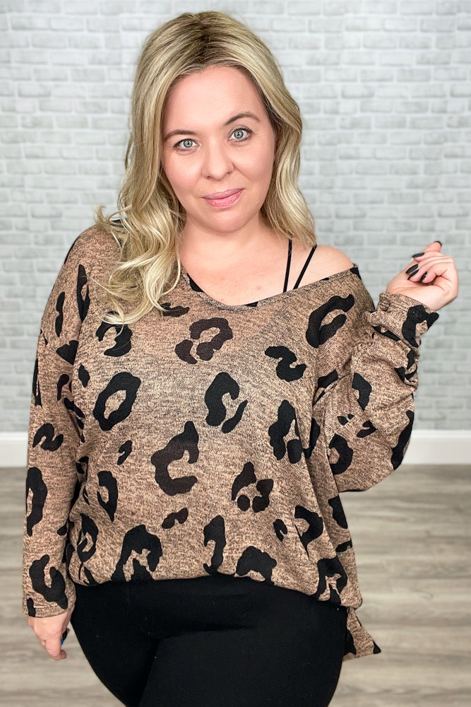 Mocha and Black Animal Print V-Neck Knit Boxy Top