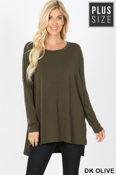 Olive Green Dolman Sleeve Round Neck Hi-Low Hem Top