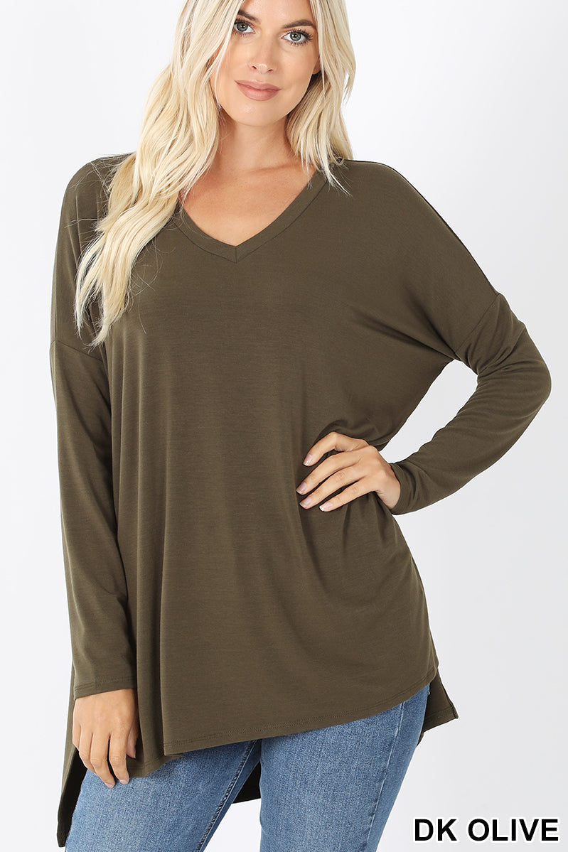 Dark Olive Dolman Long Sleeve V-Neck Slit Hi-Low Hem Top