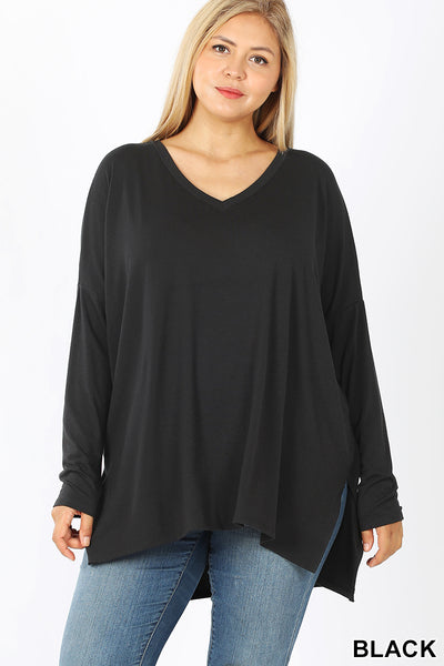 Black Dolman Long Sleeve V-Neck Slit Hi-Low Top