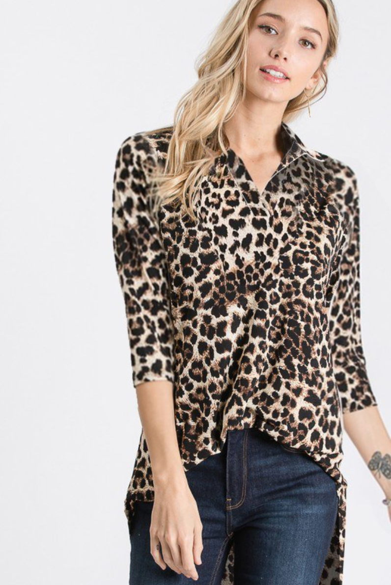 Animal Print Split Neck Collar, Hi-Lo Tunic Top