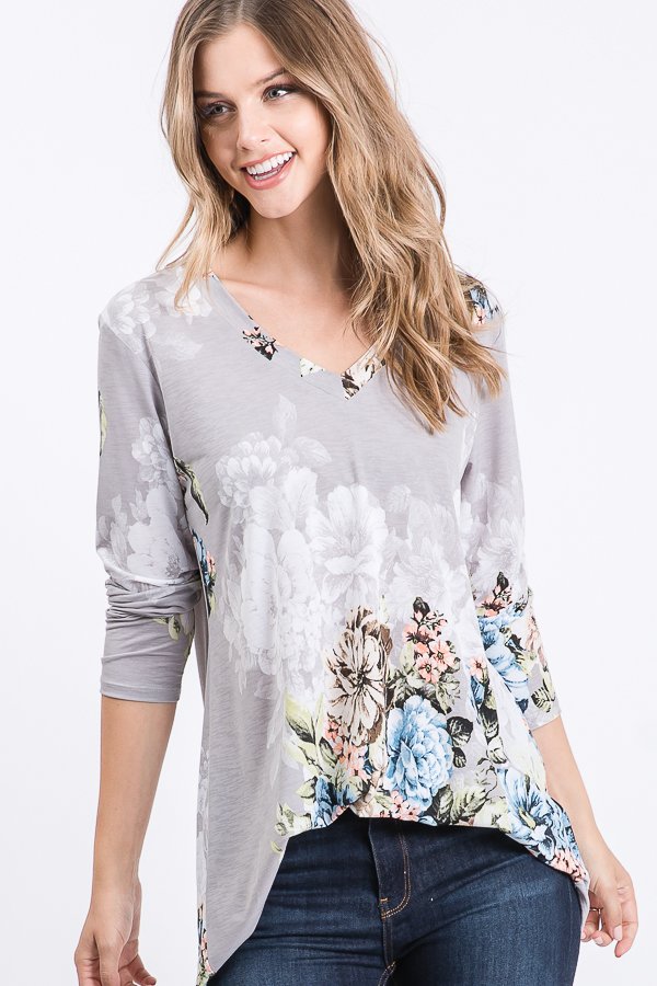 Gray Floral Long Sleeve V-Neck Top