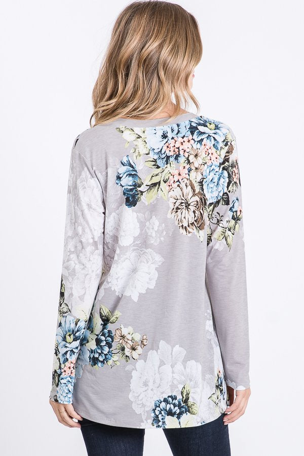 Gray Floral Long Sleeve V-Neck Top