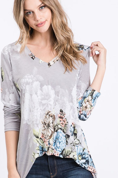 Gray Floral Long Sleeve V-Neck Top