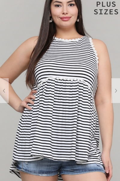 Fit to Flatter Striped Babydoll Lace Trimmed Tank Top with Back Zipper {POL}