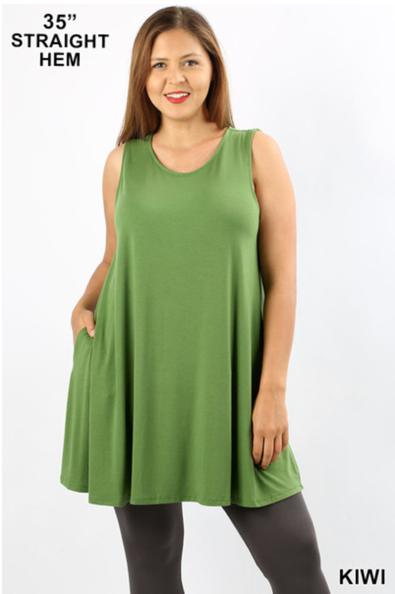 Round Neck Sleeveless Swing Tunic with Pockets - Kiwi