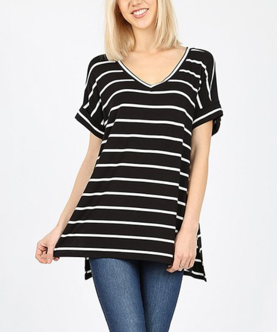 Beautifully Basic Cuffed Sleeve, Striped Boxy Hi Lo Top